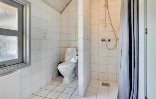 a bathroom with a toilet and a shower at Stunning Home In Blåvand With Sauna in Blåvand