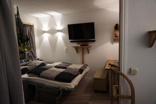 Zimmer mit einem Bett und einem TV an der Wand in der Unterkunft Le Necou - Reberty 2000 in Les Menuires