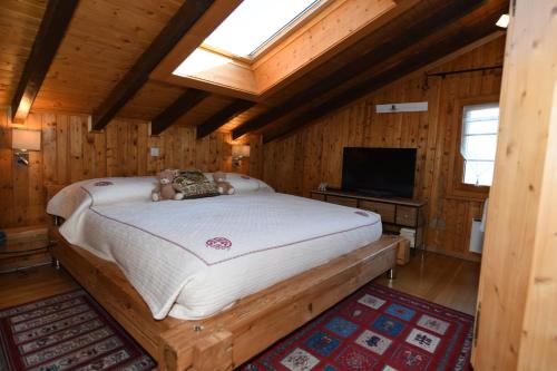 - une chambre avec un lit et une télévision dans une cabine dans l'établissement Chalet Mon Rêve, à Savièse