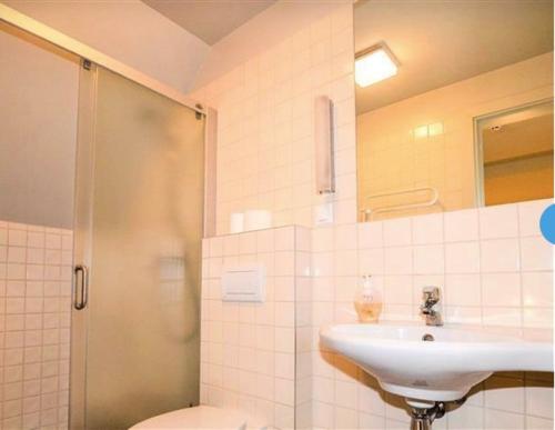 a bathroom with a sink and a shower at Marių pelėdos in Preila