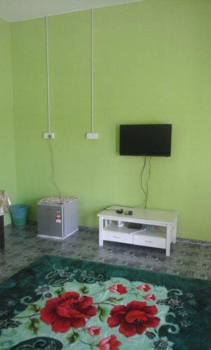 a living room with a flat screen tv on a green wall at NUE Guesthouse in Kota Bharu