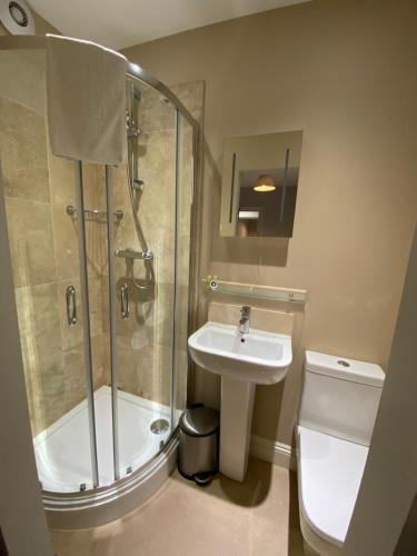 a bathroom with a shower and a sink and a toilet at Brampton Holiday Homes - Beckside Apartment in Brampton