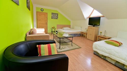 Dolní Moravice的住宿－Wellness Penzion Eva，一间卧室设有绿色的墙壁、一张沙发和椅子