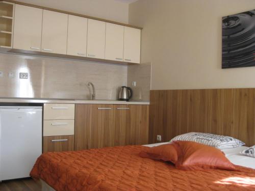 a bedroom with a bed and a kitchen with cabinets at Private Rooms Silvia in Varna City