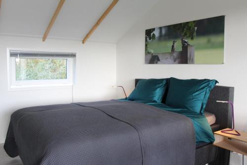 a bedroom with a bed with blue sheets and a window at Studio de Kaap in Roden