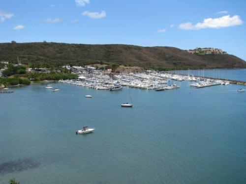 an aerial view of a harbor with boats in the water at Waterfront studio at Fajardo, Puerto Rico in Fajardo