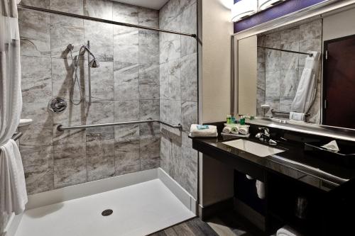 La salle de bains est pourvue d'une douche, d'un lavabo et d'une baignoire. dans l'établissement Holiday Inn Express Hutchison, an IHG Hotel, à Hutchinson