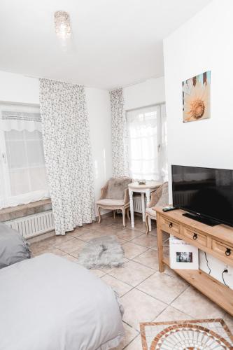 a living room with a bed and a television at Feierabend Elsdorf in Elsdorf