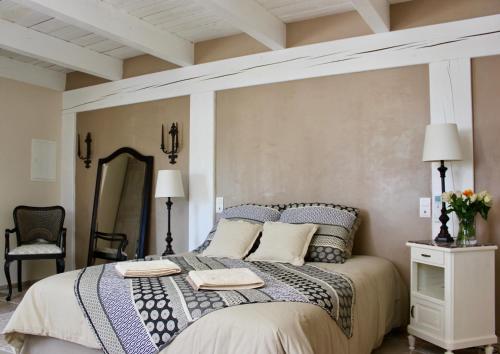 1 dormitorio con 1 cama grande y espejo en Le Clos Vitis, en Violès
