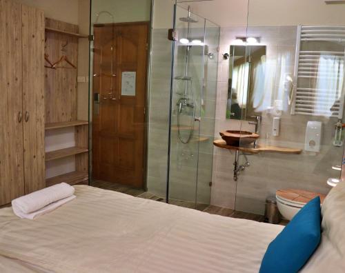 a bathroom with a bed and a glass shower at Kenguru Panzió és Csárda in Hódmezővásárhely