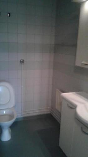 een badkamer met een wit toilet en een wastafel bij Varakämppä in Äänekoski
