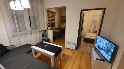 a living room with a couch and a flat screen tv at Willa Nad Potokiem in Kudowa-Zdrój
