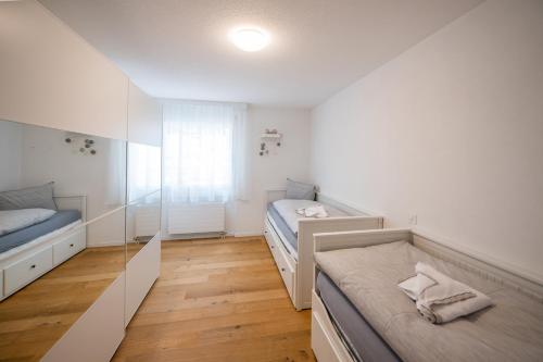 a small bedroom with two beds and a mirror at Agrimonia - 5,5-Zi Duplex Wohnung bis 11 Personen mit eigenem Garten in Davos