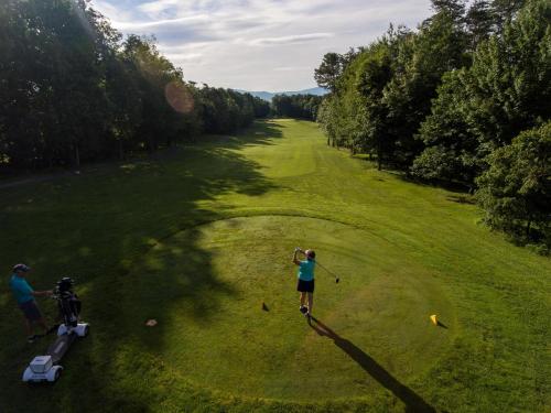 Zwei Leute spielen Golf auf einem Golfplatz in der Unterkunft Massanutten's Woodstone Meadows by TripForth in McGaheysville