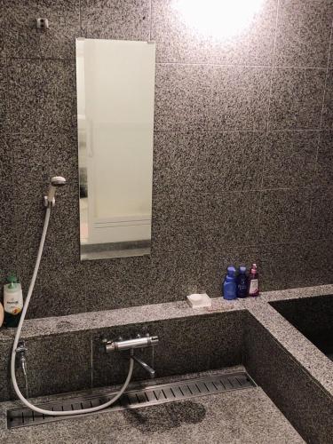 a bathroom with a sink and a mirror at STAY FUJI a in Yamanakako