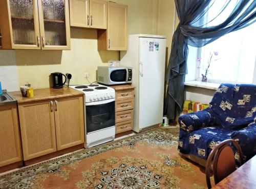 ノヴォシビルスクにあるApartamenty naDusi Kovalchuk 252のキッチン(冷蔵庫、電子レンジ付)