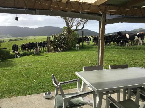 a table and chairs with cows in a field at Chalet Cullen, in Mangawhai