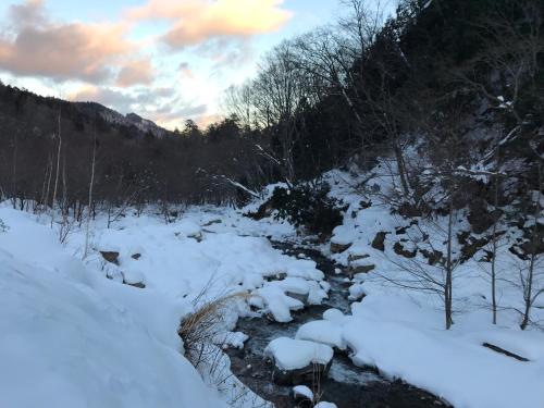 a creek covered in snow in a forest at Hacho no Yu in Nikko