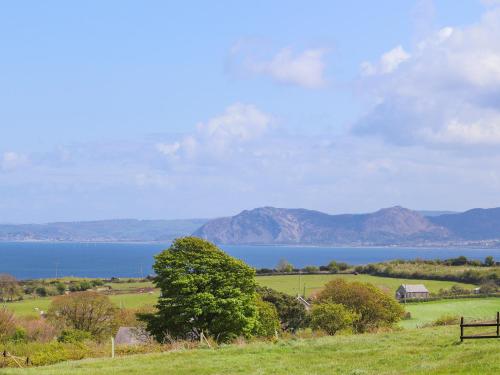 a field with a view of the water and mountains at Hafod, Llangoed in Llangoed