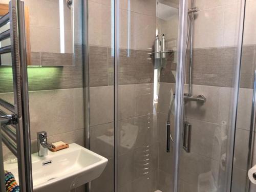 a bathroom with a shower and a sink at Lady Charlotte's Loft in Schull