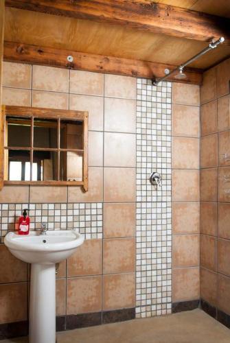 a bathroom with a sink and a shower at The little Club Getaway at The Hay Barn in Lidgetton