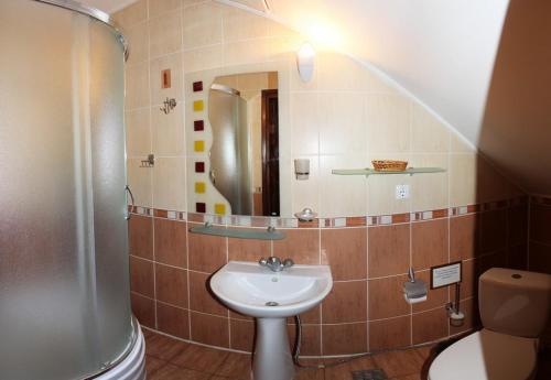 La salle de bains est pourvue d'un lavabo et d'un miroir. dans l'établissement Шале Карпатська Казка, à Slavsko
