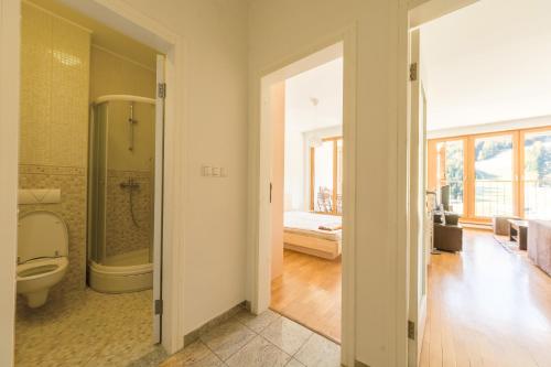 ein Bad mit einer Dusche und einem WC in einem Zimmer in der Unterkunft Apartmani El Tarik in Bjelašnica