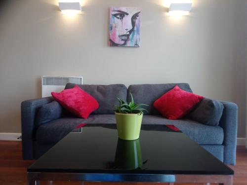 a blue couch with two red pillows and a plant on a table at 1 Bedroom Flat in Sheffield City Centre-Sleeps 4 in Sheffield