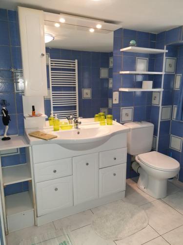a blue bathroom with a sink and a toilet at T1 Dans Maison Au Calme in Réalmont
