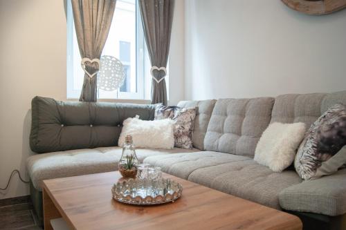 a living room with a couch and a coffee table at Haus Renè in Villach