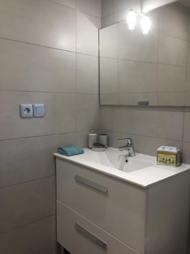 a white bathroom with a sink and a mirror at Les Tignoliers in Tignieu-Jameyzieu
