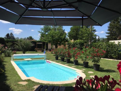 a swimming pool in a yard with an umbrella at Les Tignoliers in Tignieu-Jameyzieu