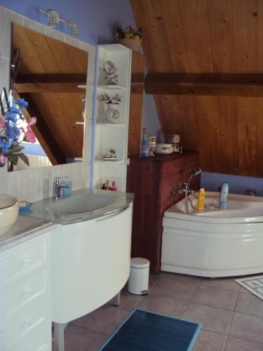 een badkamer met een bad, een wastafel en een bad bij La Halte de Chambord in Mur-de-Sologne