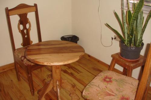 a wooden table and a chair and a potted plant at Finjam Cottage in Port Antonio