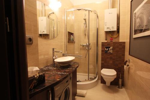 ein Bad mit einer Dusche, einem Waschbecken und einem WC in der Unterkunft Krakowskie Przedmieście "Night and Day" in Warschau