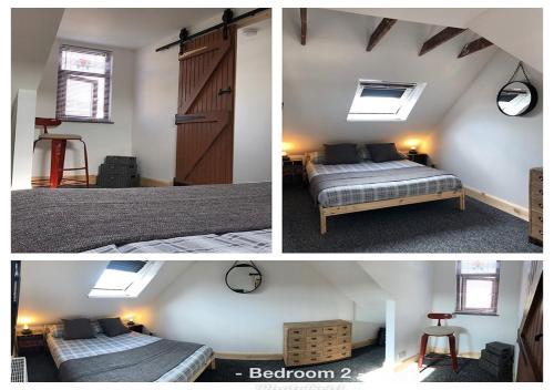 two pictures of a bedroom with two beds and a door at Fisher Holiday Cottage Ayrshire in Girvan