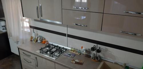 a kitchen with a stove and a counter top at Casa de vacanta Sabrina in Gura Humorului