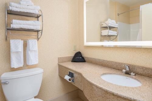 a bathroom with a toilet and a sink and a mirror at Best Western Plus Keene Hotel in Keene