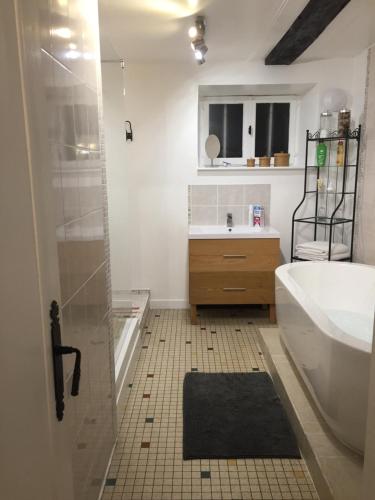 ein Bad mit einer Dusche, einem Waschbecken und einem WC in der Unterkunft L'Auberdiere in Saint-Jean-des-Essartiers