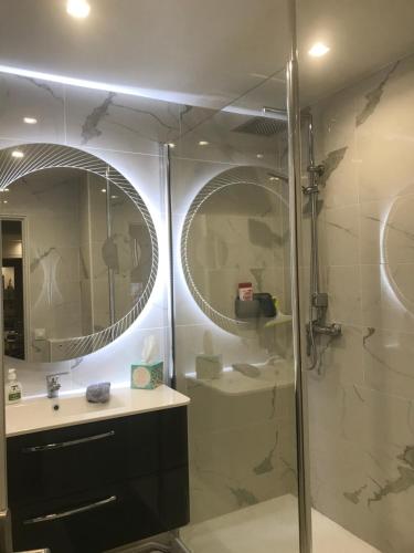 La salle de bains est pourvue d'une douche, d'un lavabo et d'un miroir. dans l'établissement DEAUVILLE STAR LUXE, à Deauville