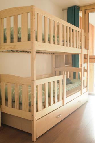 a pair of bunk beds in a room at Ski and Bike Apartment Rušovc in Kranjska Gora
