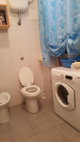 a bathroom with a toilet and a washing machine at Casetta nel centro di Sorgono in Sorgono