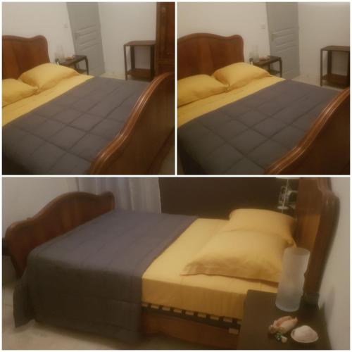dos fotos de dos camas en un dormitorio en Maison à la Campagne à 2km du Circuit de Bresse, en Sagy