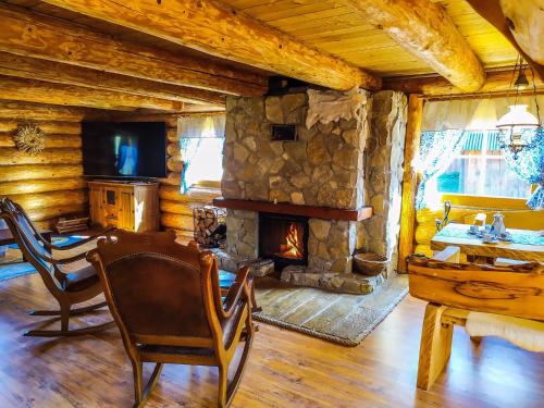a living room with a fireplace in a log cabin at Zrub Liptovec in Liptovská Porúbka