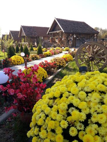 a garden with yellow and pink flowers in front of a house at Etno selo EDEN in Žeravački Potok