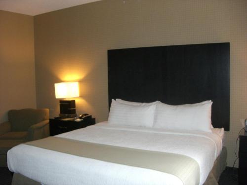 Lake ElmoにあるHoliday Inn St. Paul Northeast - Lake Elmo, an IHG Hotelの大きなベッドと椅子が備わるホテルルームです。