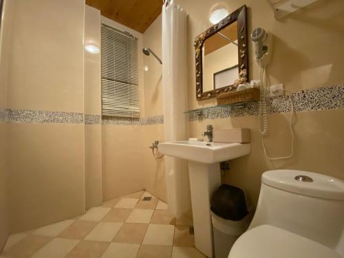a bathroom with a toilet and a sink and a mirror at 墾丁好消息民宿Good News in Hengchun