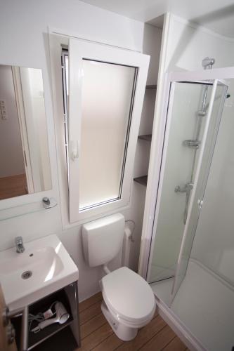 a bathroom with a toilet and a shower and a sink at Mediteran Travel Mobile Homes in Camping Terme Čatež in Brežice