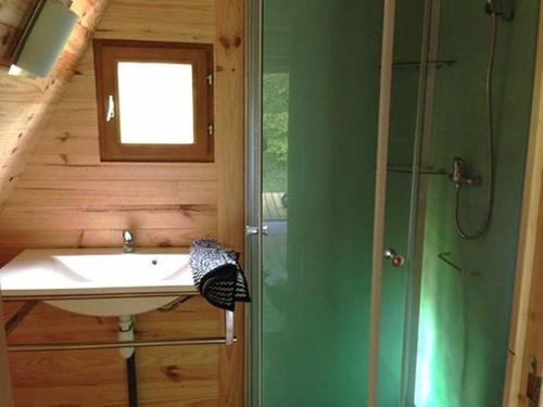 La salle de bains est pourvue d'un lavabo et d'une douche. dans l'établissement Camping Domaine de Mepillat, à Saint-Nizier-le-Bouchoux