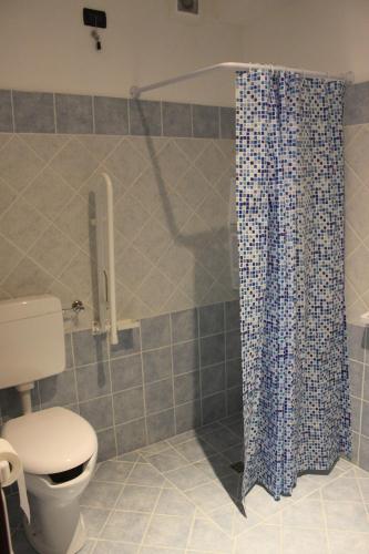 a bathroom with a toilet and a shower curtain at Bed and Breakfast Emilia in Cagnano Amiterno